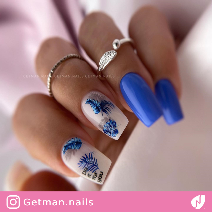 Blue Leaf and Feather Nail Designs
